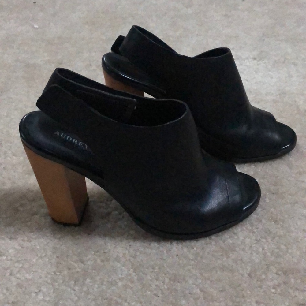 Audrey Brooke Leather Open Toe Heels